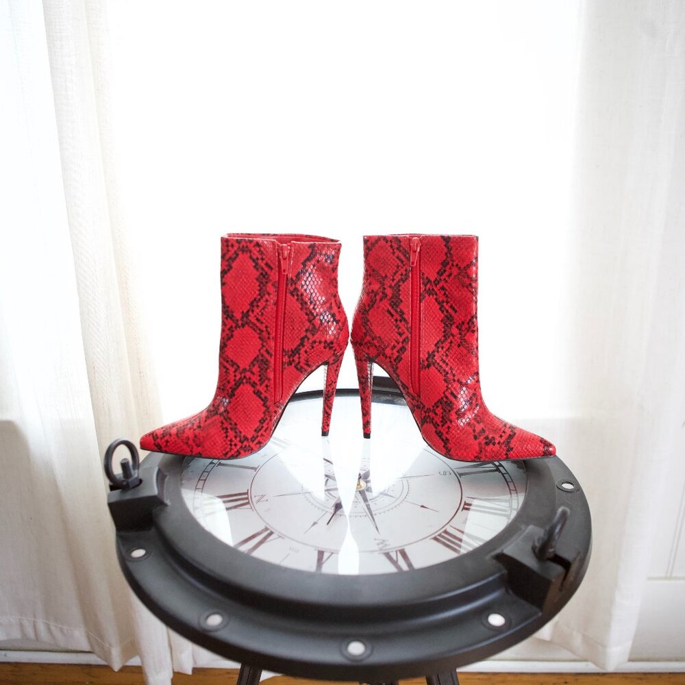 Bold Red Snakeskin Stiletto Ankle Boots